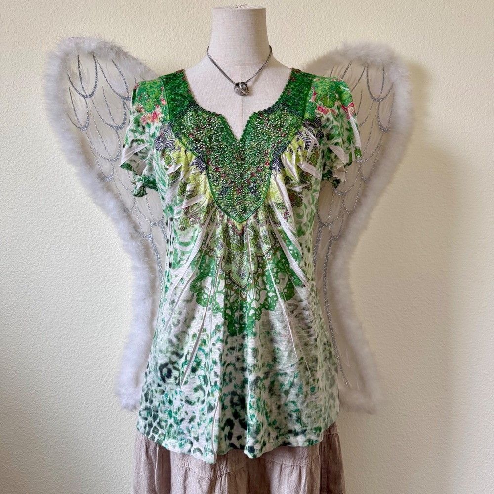 Boho Indie Grunge Beaded AOP Babydoll Top Green Floral Flutter Sleeve Y2K Funky